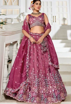 Embroidered Tissue Silk Lehenga in Purple