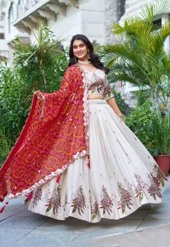 Embroidered Tissue Silk Lehenga in Cream