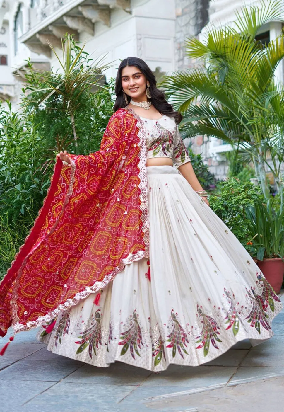 Embroidered Tissue Silk Lehenga in Cream