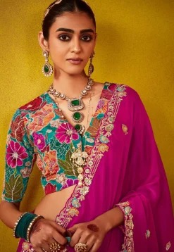 Embroidered Tissue Silk Scalloped Saree in Pink