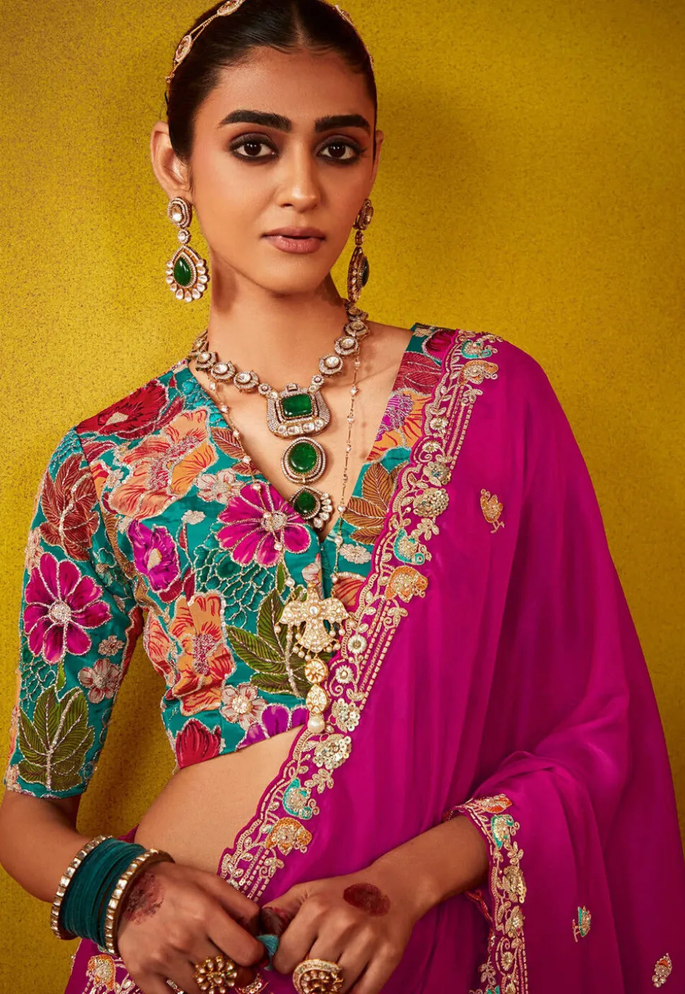 Embroidered Tissue Silk Scalloped Saree in Pink