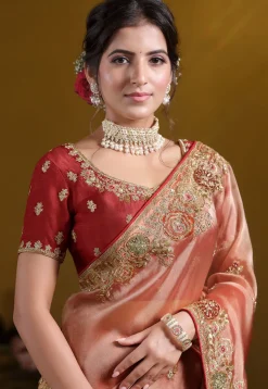 Embroidered Tissue Silk Saree in Peach
