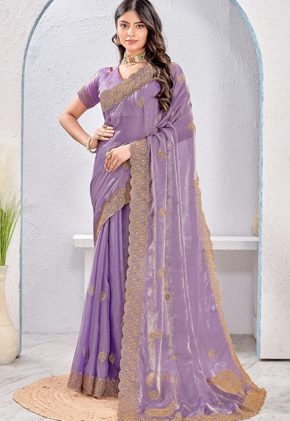 Embroidered Tissue Silk Saree in Purple