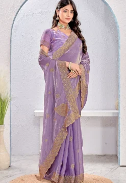 Embroidered Tissue Silk Saree in Purple