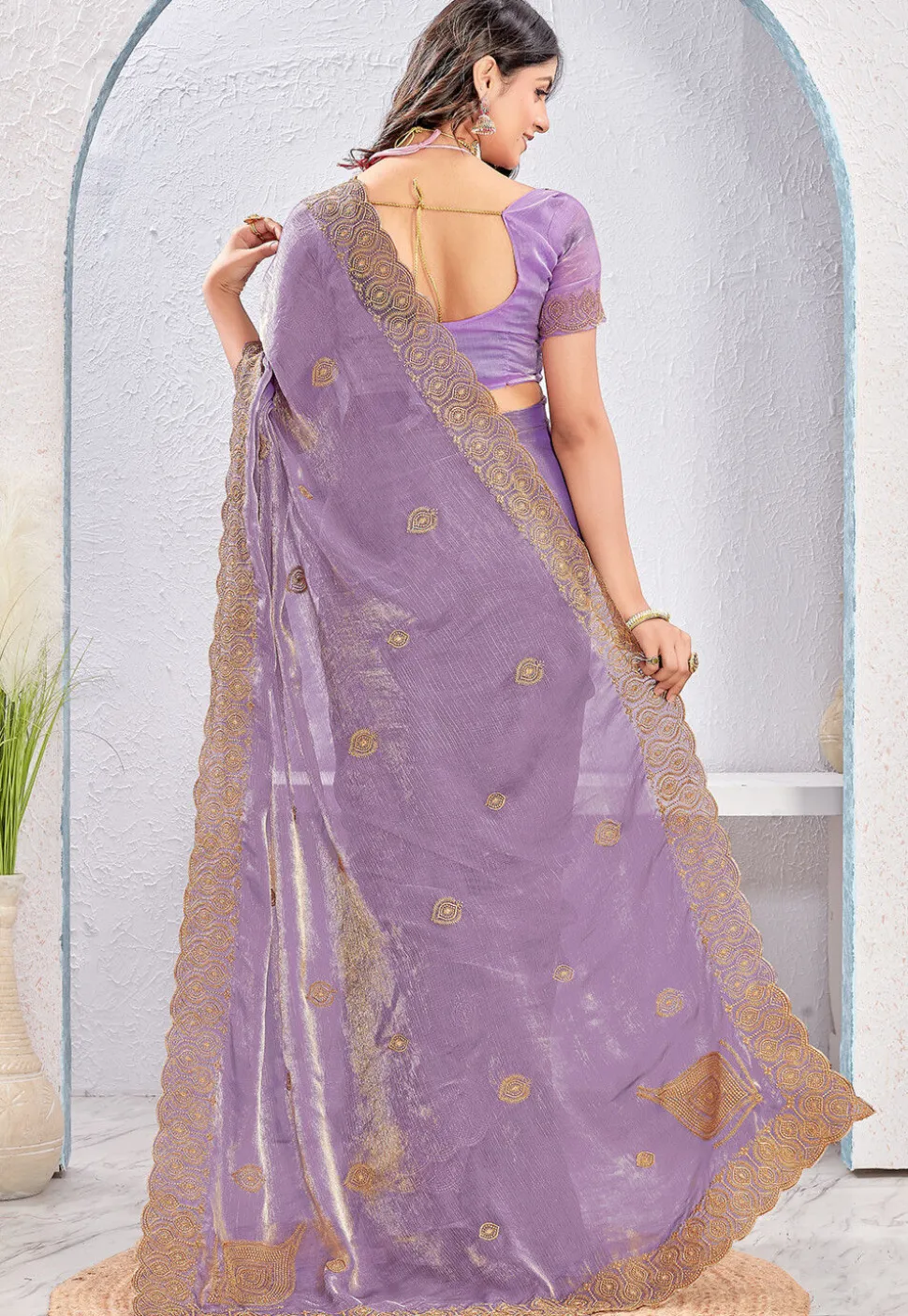 Embroidered Tissue Silk Saree in Purple