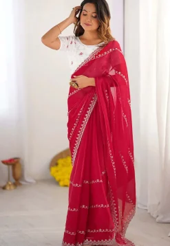 Embroidered Tissue Silk Saree in Fuchsia
