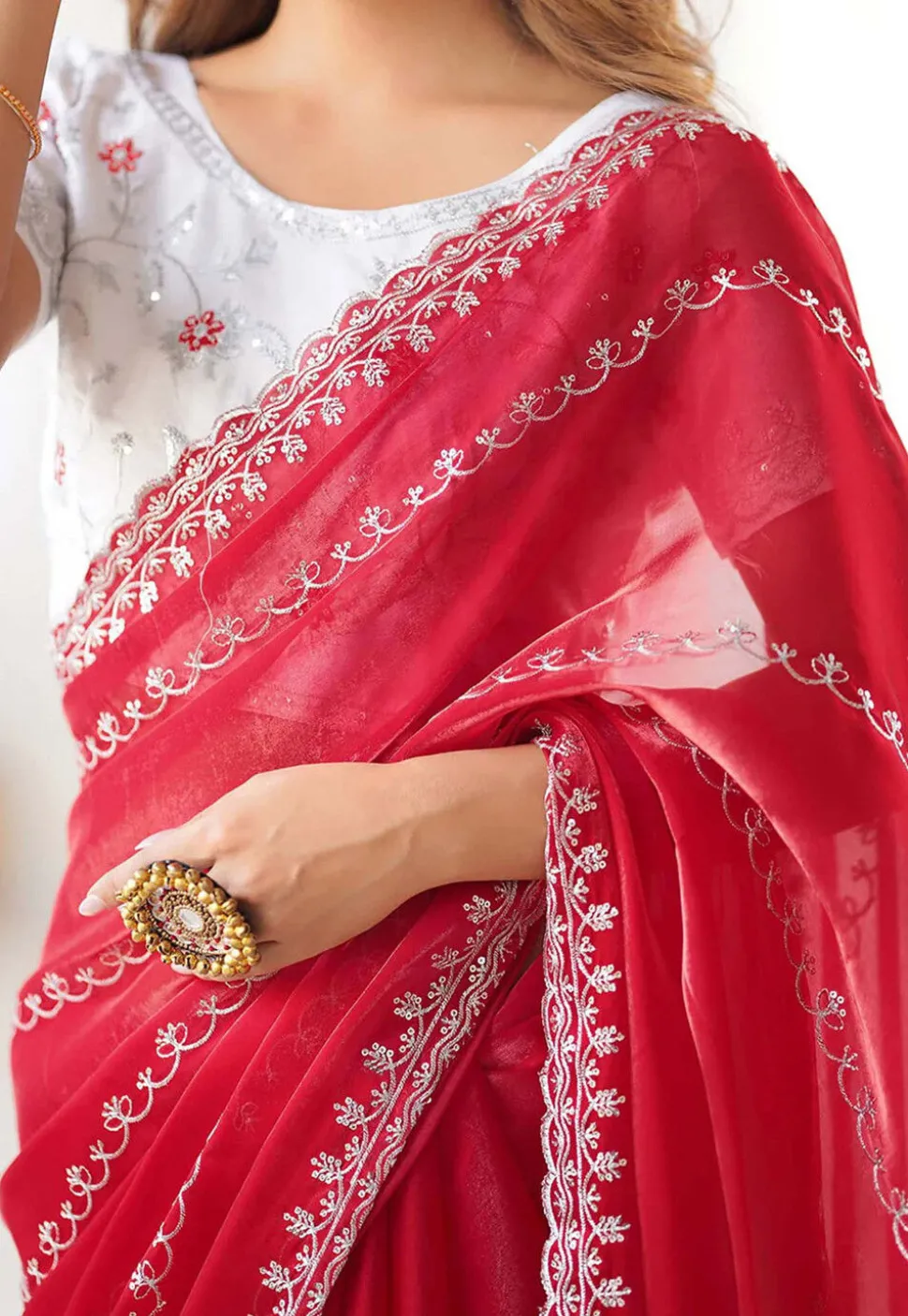 Embroidered Tissue Silk Saree in Fuchsia