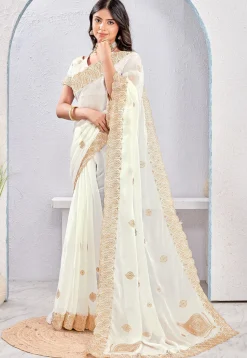 Embroidered Tissue Silk Saree in Off White