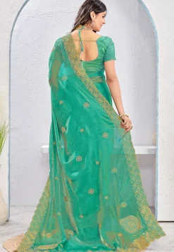 Embroidered Tissue Silk Saree in Teal Green