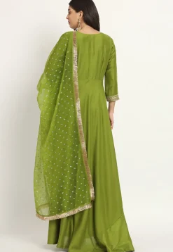 Embroidered Trim Art Silk Abaya Style Suit in Olive Green