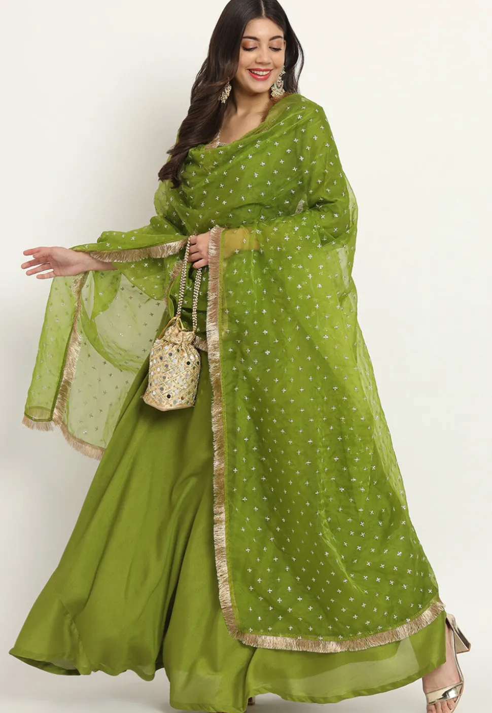Embroidered Trim Art Silk Abaya Style Suit in Olive Green