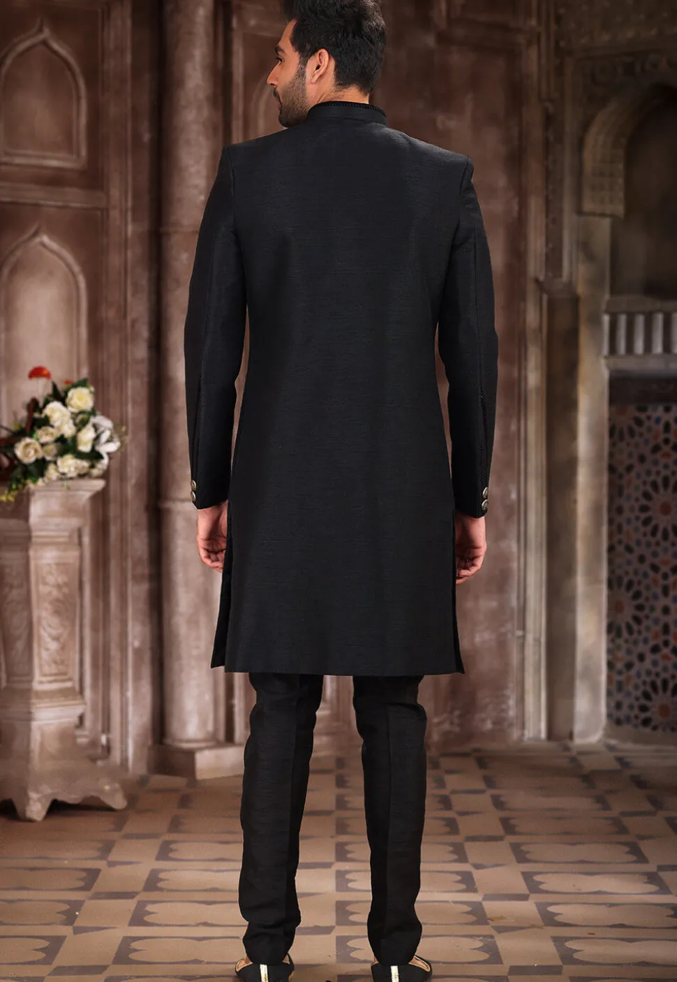 Embroidered Trim Art Silk Sherwani in Black