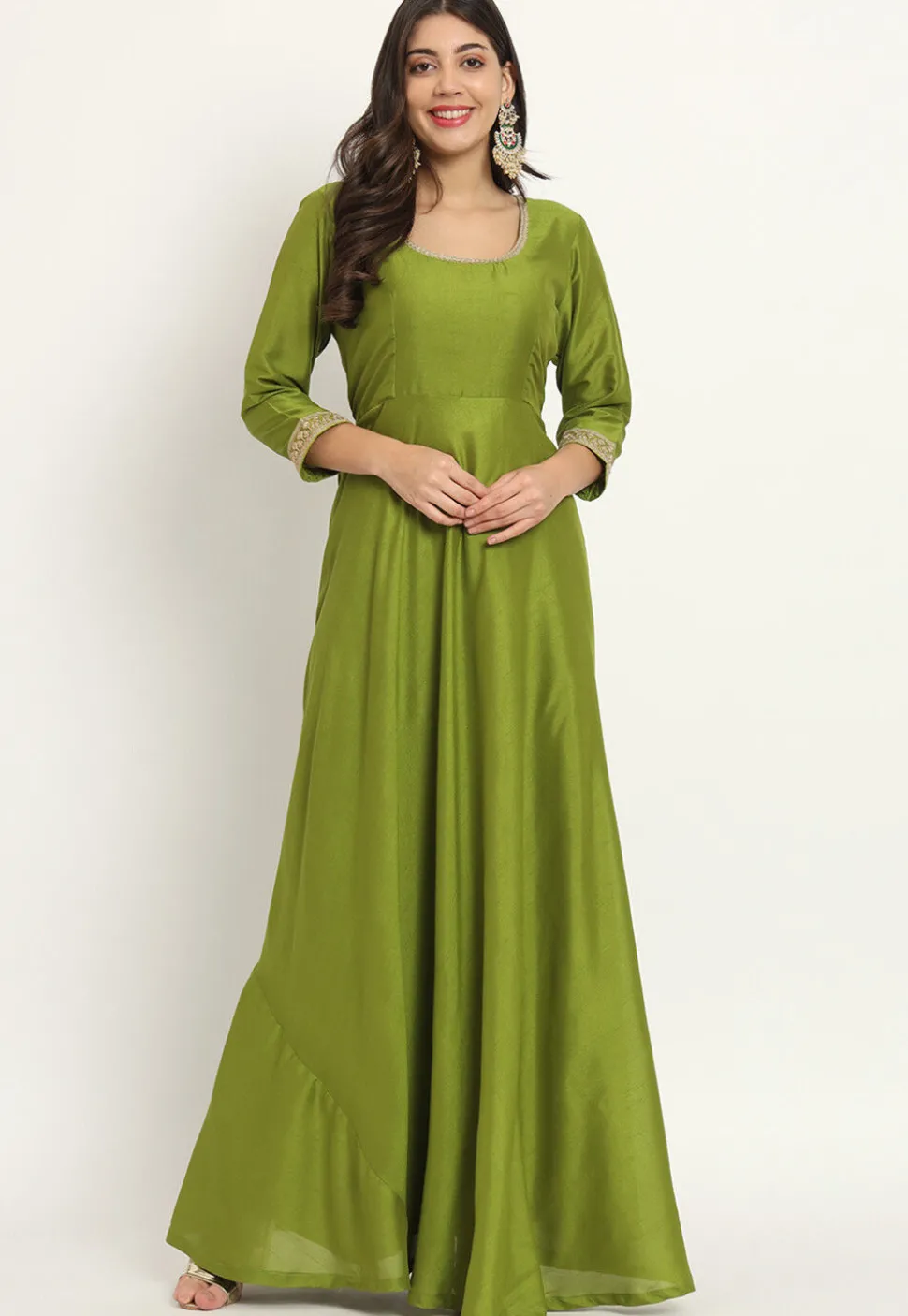 Embroidered Trim Art Silk Gown in Green