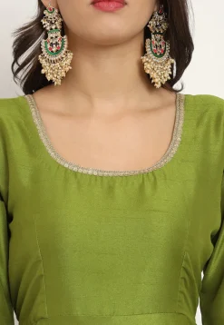 Embroidered Trim Art Silk Gown in Green