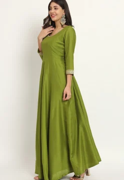 Embroidered Trim Art Silk Gown in Green