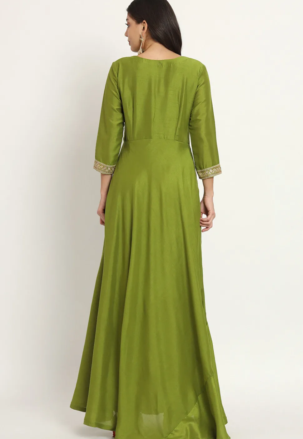 Embroidered Trim Art Silk Gown in Green
