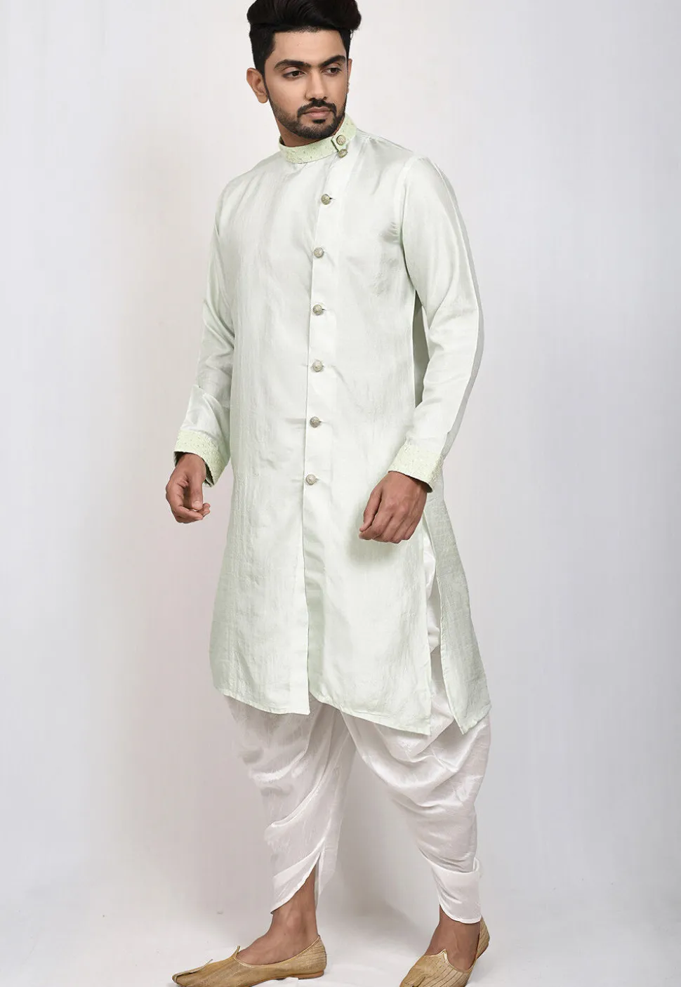 Embroidered Trim Art Silk Dhoti Kurta in Pastel Green