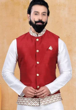 Embroidered Trim Art Silk Nehru Jacket in Red