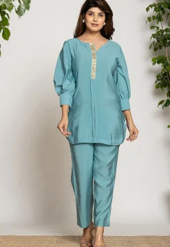 Embroidered Trim Art Silk Top Set in Light Teal Blue