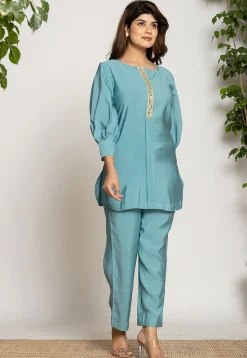 Embroidered Trim Art Silk Top Set in Light Teal Blue