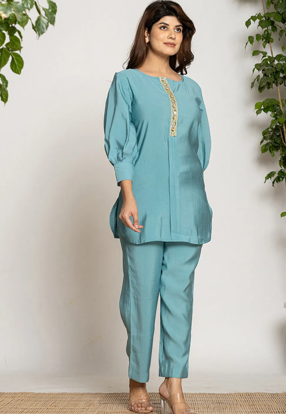 Embroidered Trim Art Silk Top Set in Light Teal Blue