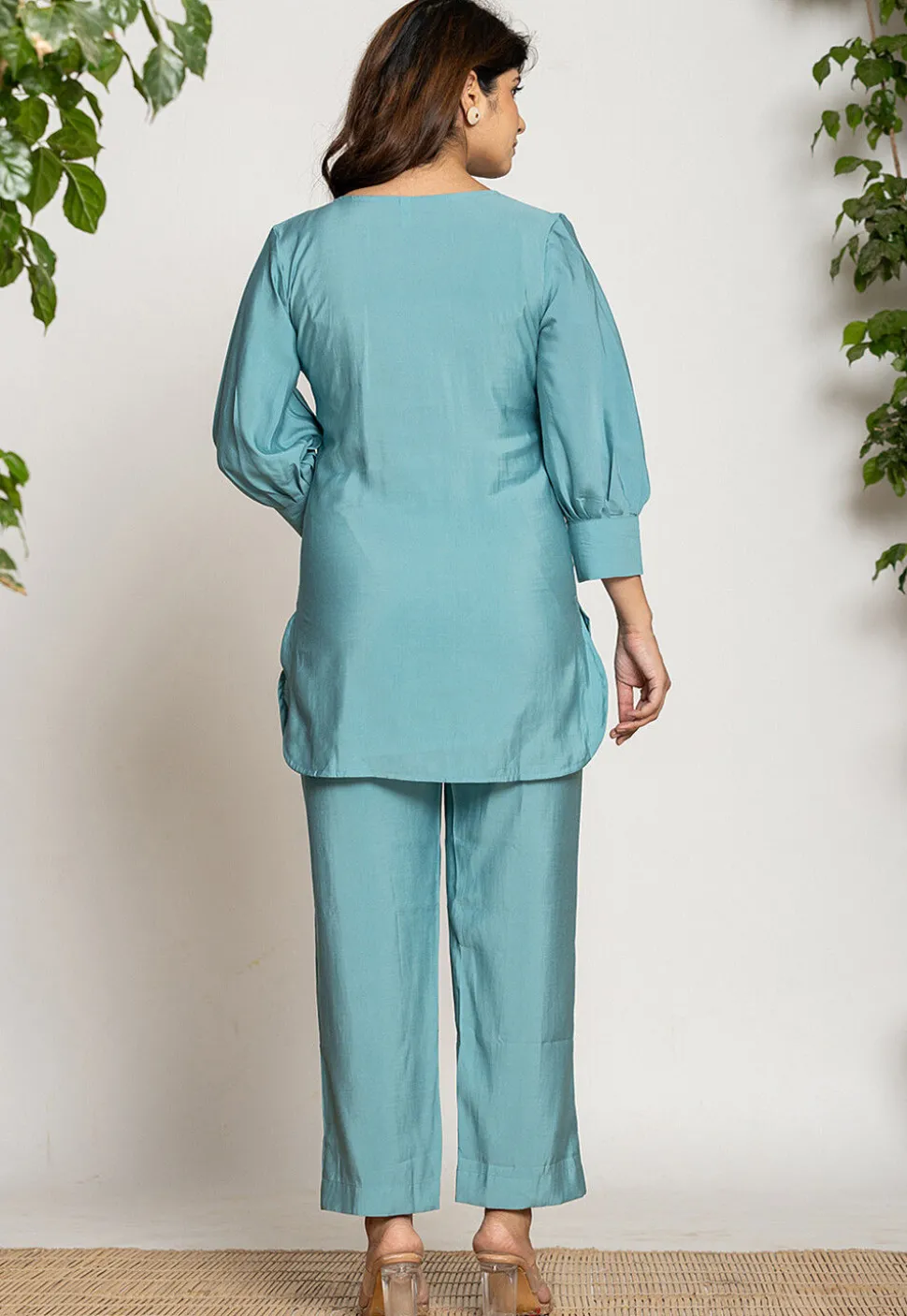 Embroidered Trim Art Silk Top Set in Light Teal Blue