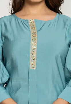 Embroidered Trim Art Silk Top Set in Light Teal Blue