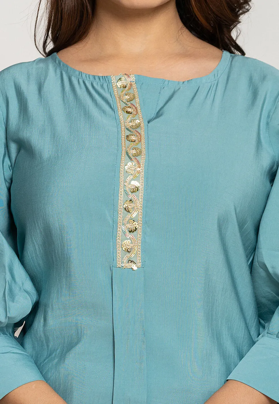 Embroidered Trim Art Silk Top Set in Light Teal Blue