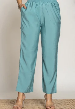 Embroidered Trim Art Silk Top Set in Light Teal Blue