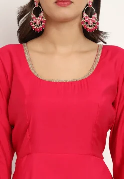 Embroidered Trim Art Silk Gown in Fuchsia