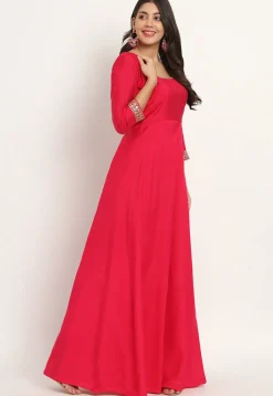 Embroidered Trim Art Silk Gown in Fuchsia