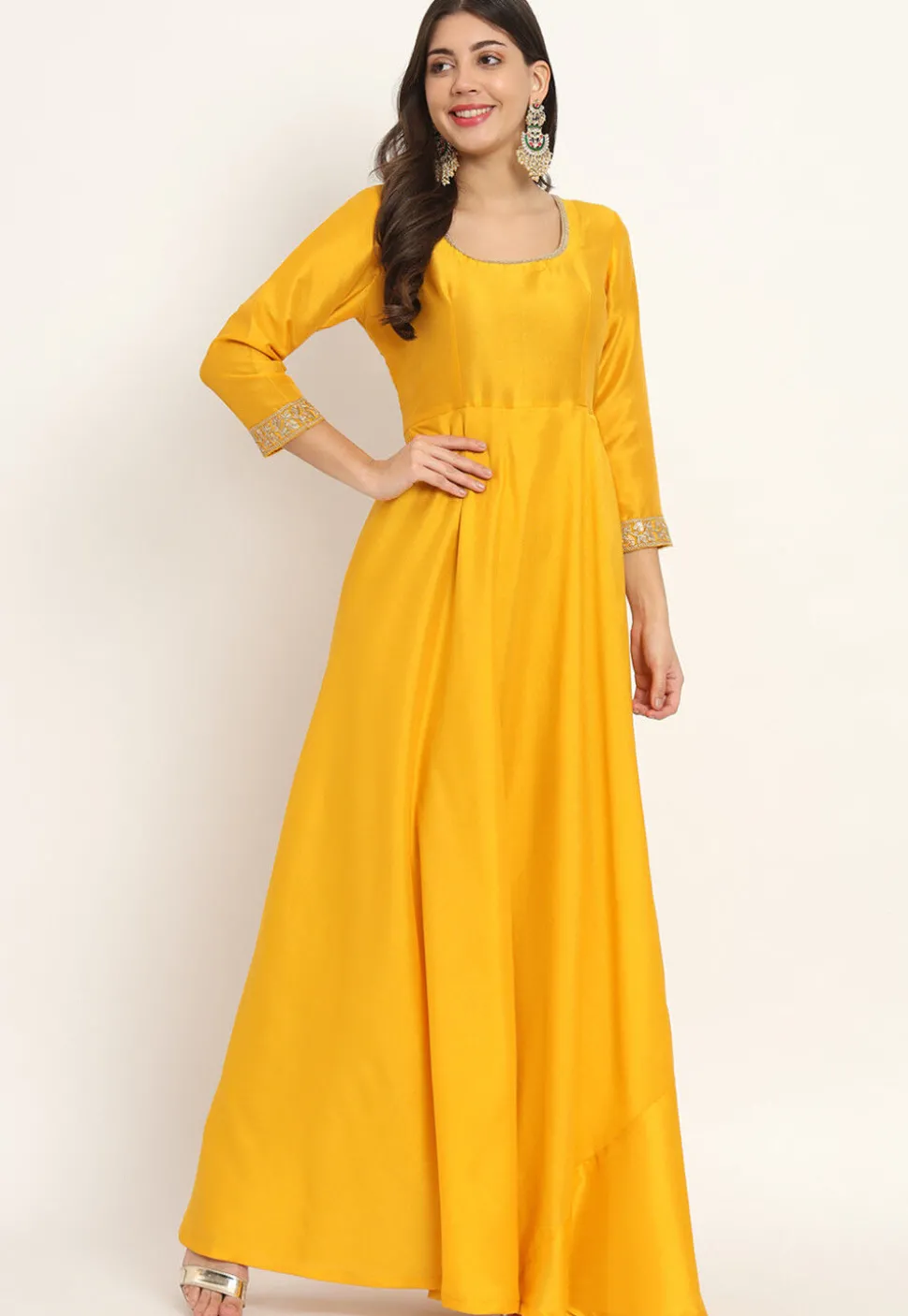 Embroidered Trim Art Silk Gown in Yellow