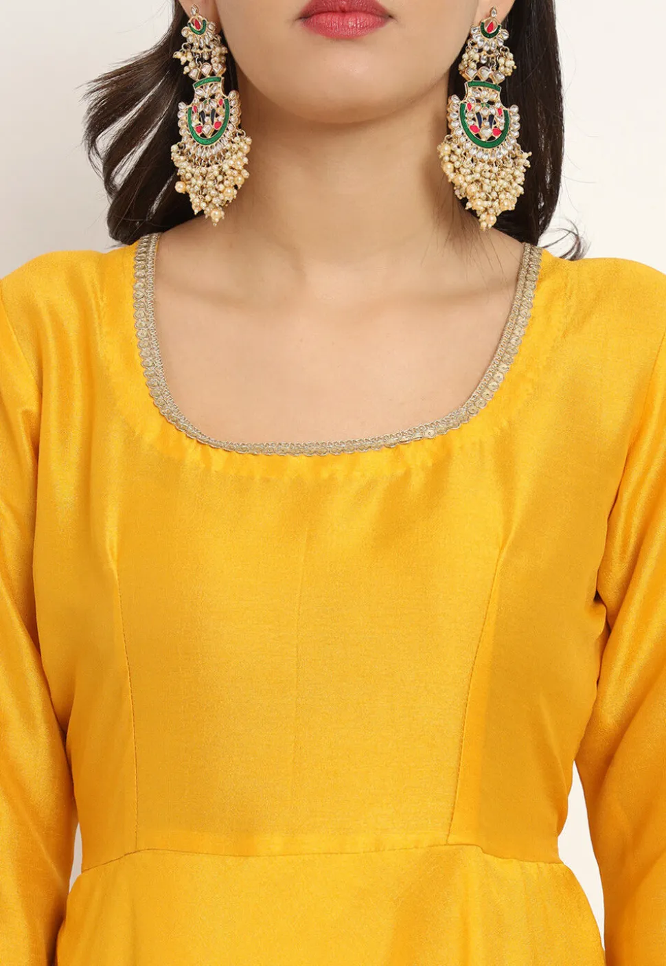 Embroidered Trim Art Silk Gown in Yellow