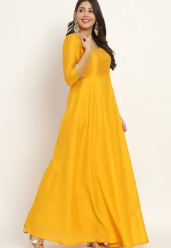 Embroidered Trim Art Silk Gown in Yellow