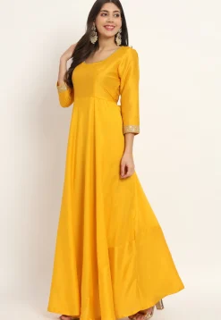 Embroidered Trim Art Silk Gown in Yellow