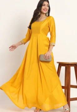 Embroidered Trim Art Silk Gown in Yellow