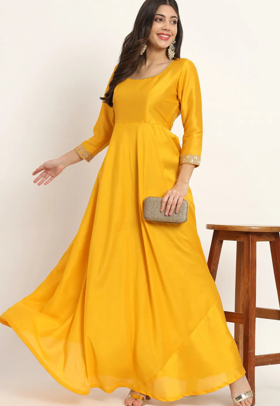 Embroidered Trim Art Silk Gown in Yellow