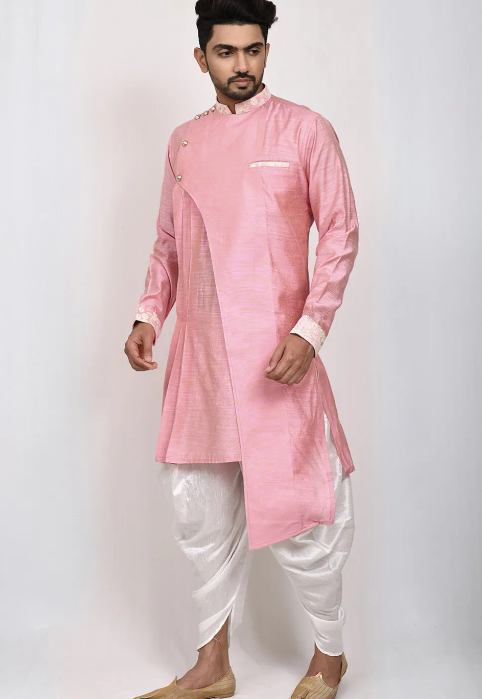 Embroidered Trim Art Silk Layered Dhoti Kurta in Pink