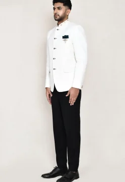 Embroidered Trim Cotton Linen Jodhpuri Suit in Off White