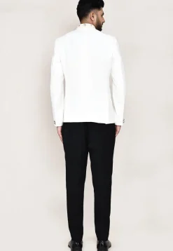 Embroidered Trim Cotton Linen Jodhpuri Suit in Off White