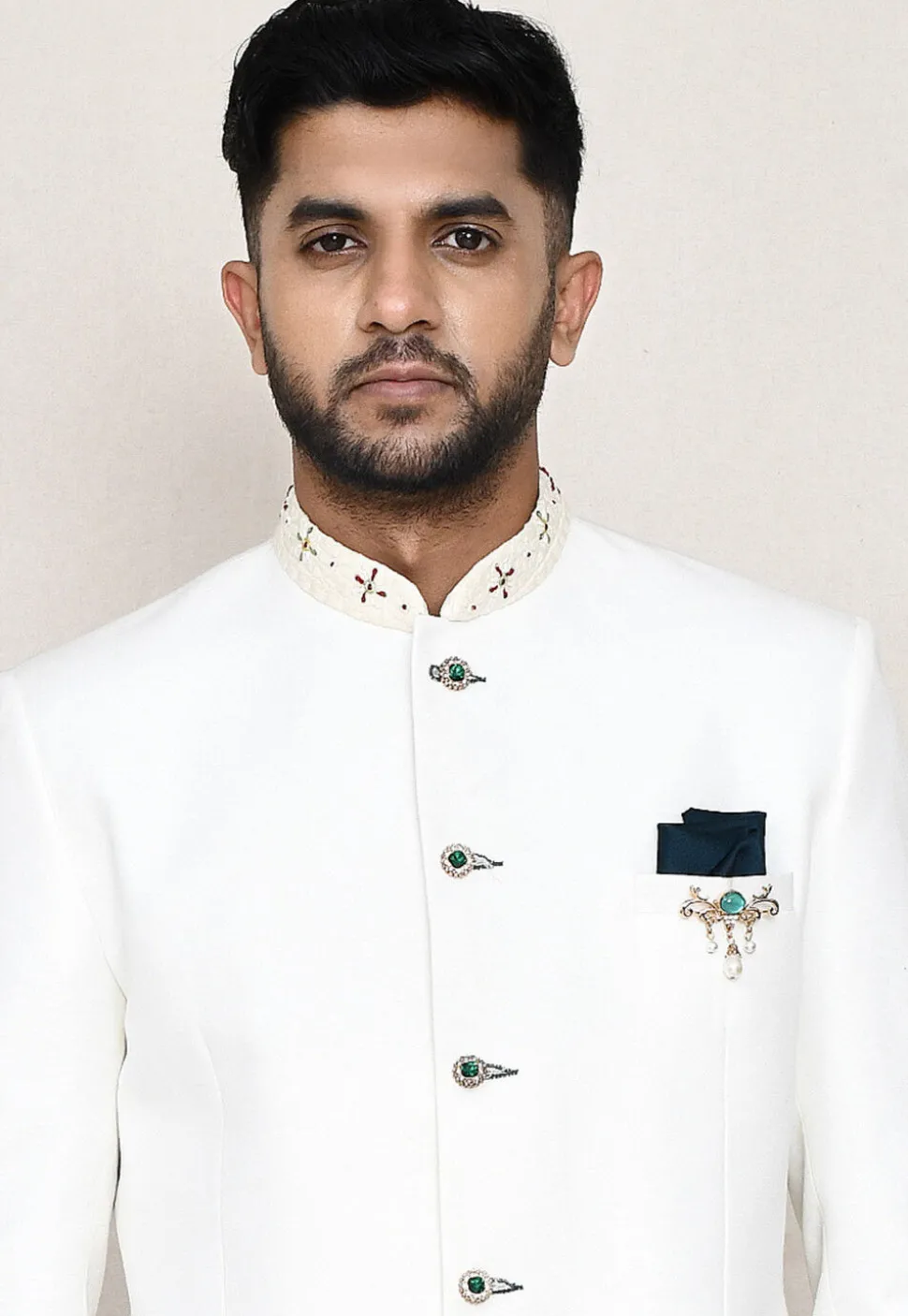 Embroidered Trim Cotton Linen Jodhpuri Suit in Off White