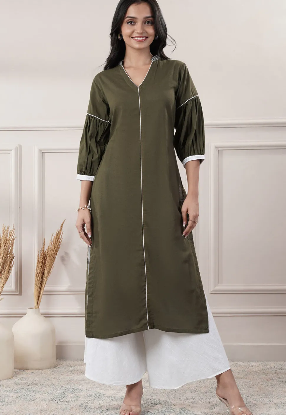 Embroidered Trim Cotton Slub A Line Kurta in Olive Green