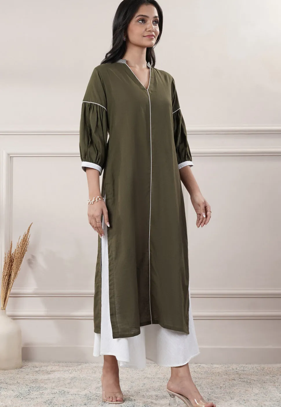 Embroidered Trim Cotton Slub A Line Kurta in Olive Green