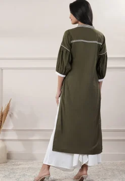 Embroidered Trim Cotton Slub A Line Kurta in Olive Green