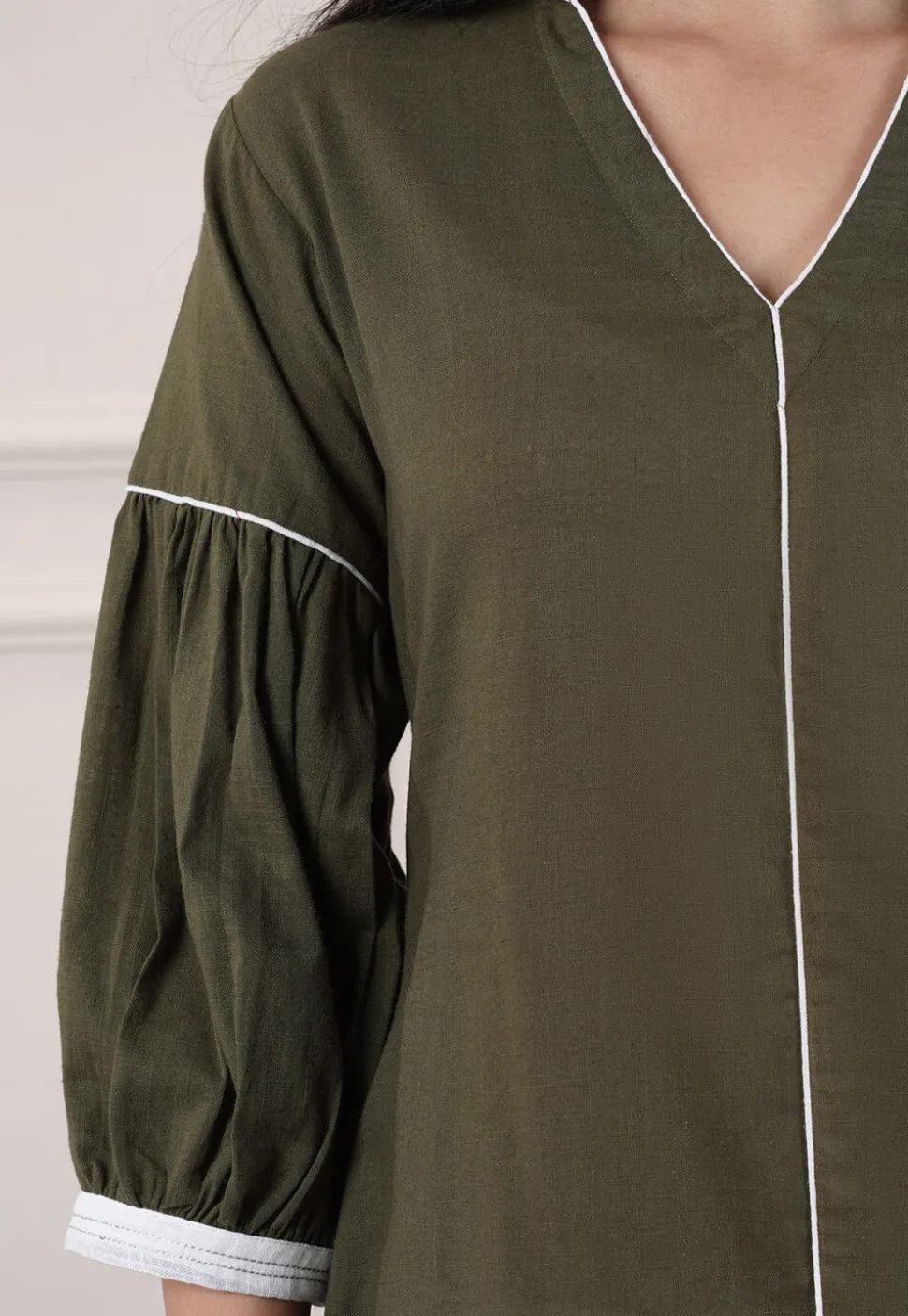 Embroidered Trim Cotton Slub A Line Kurta in Olive Green