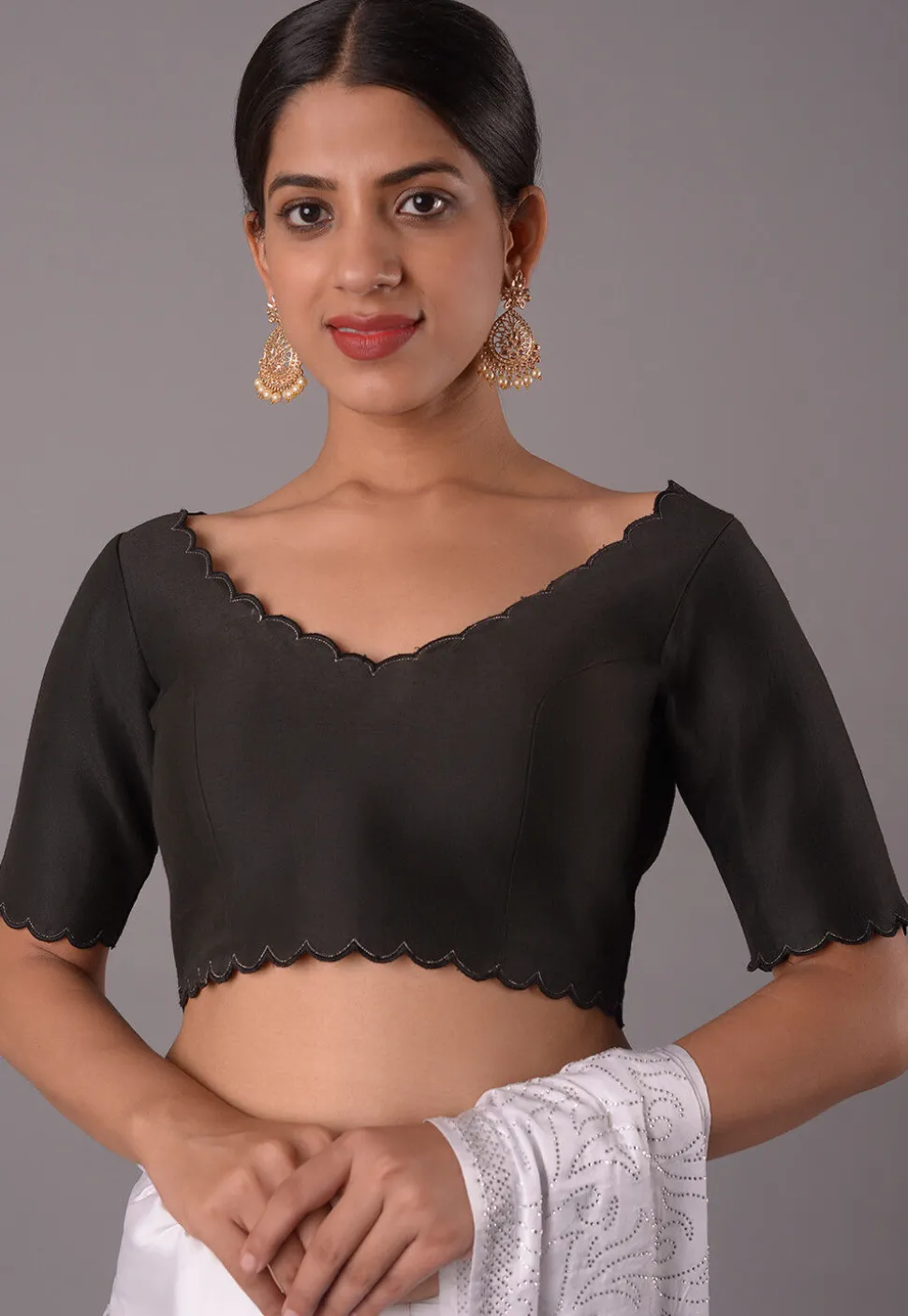 Embroidered Trim Cotton Silk Blouse in Black