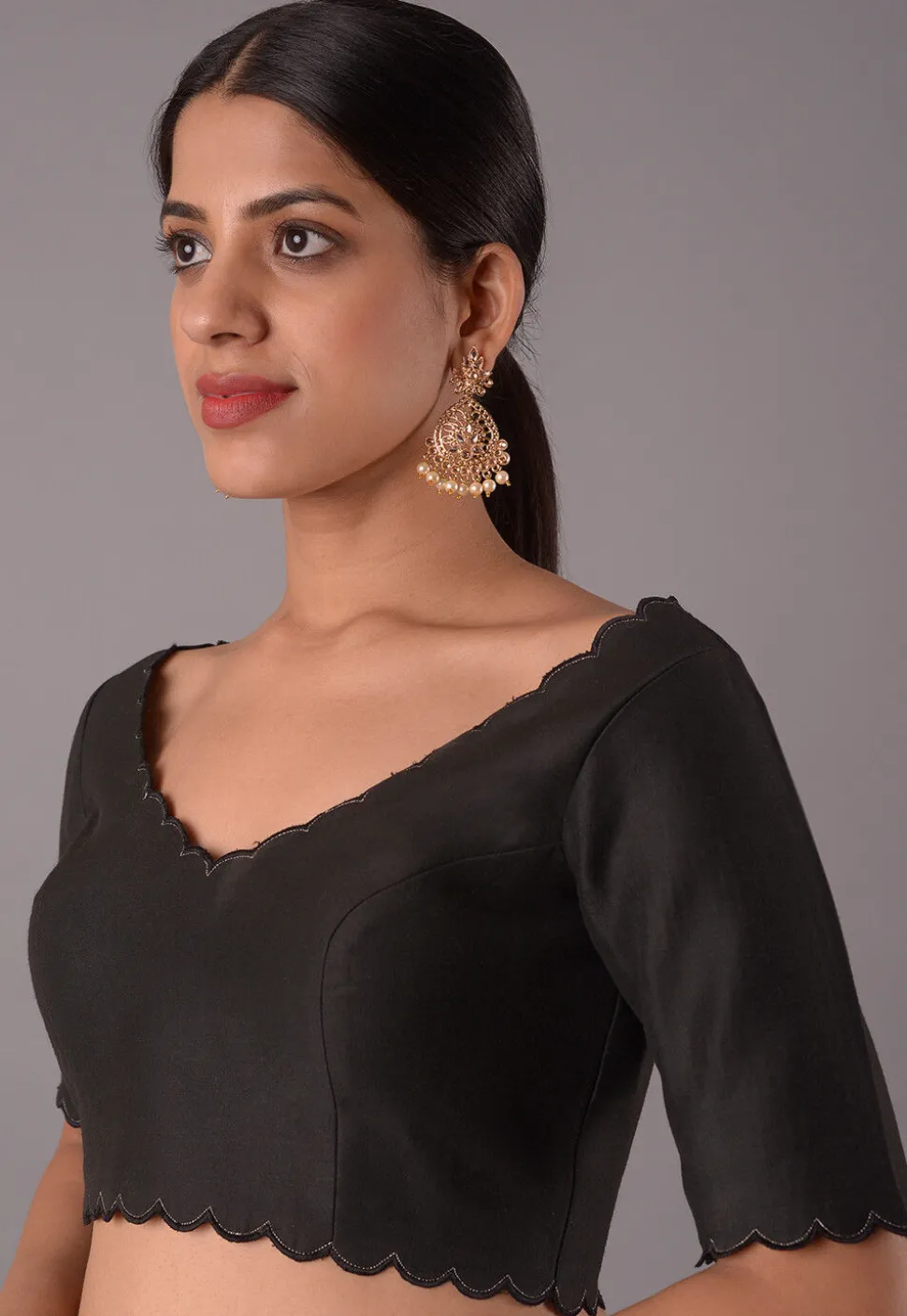 Embroidered Trim Cotton Silk Blouse in Black