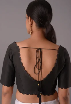 Embroidered Trim Cotton Silk Blouse in Black