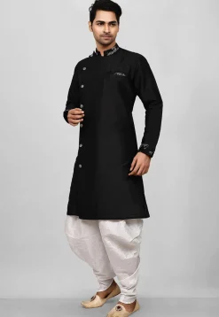 Embroidered Trim Dupion Silk Dhoti Kurta in Black