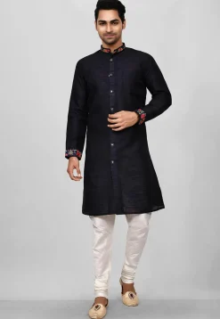 Embroidered Trim Dupion Silk Sherwani in Navy Blue
